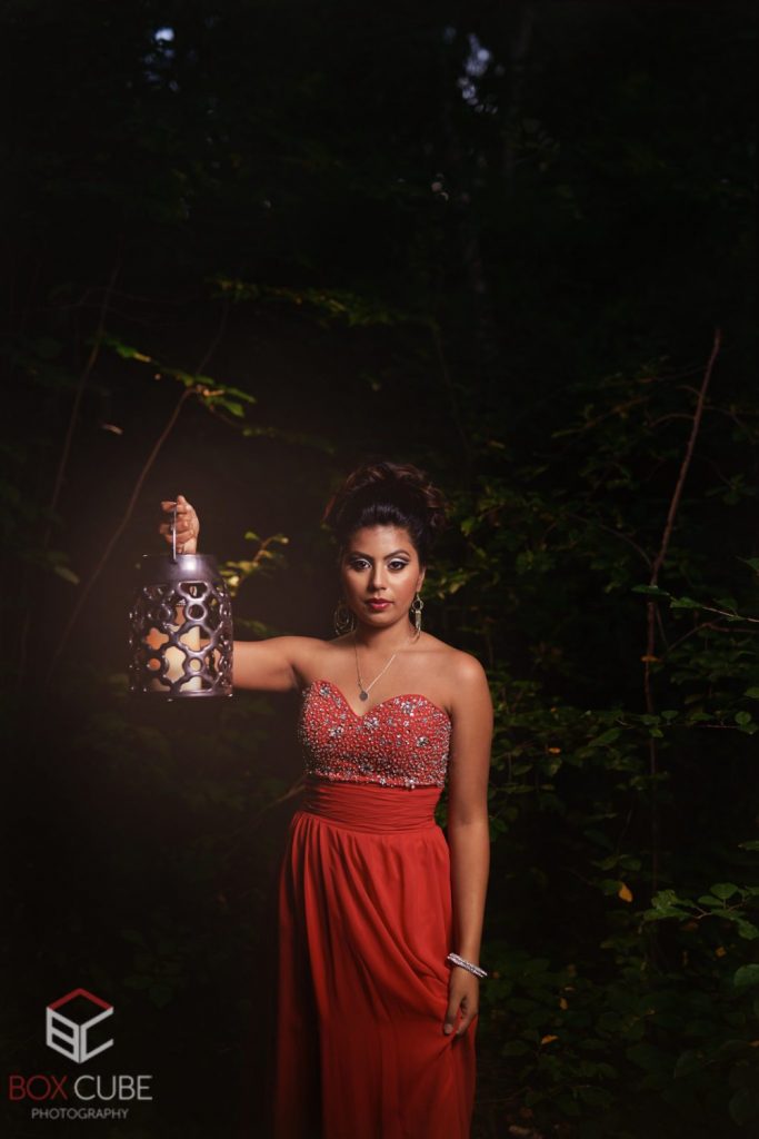 Ashley Prasad – Riti Jain TFP31 Portrait Photographer Edmonton, photos of model in river valley Edmonton wearing red dress with a lantern