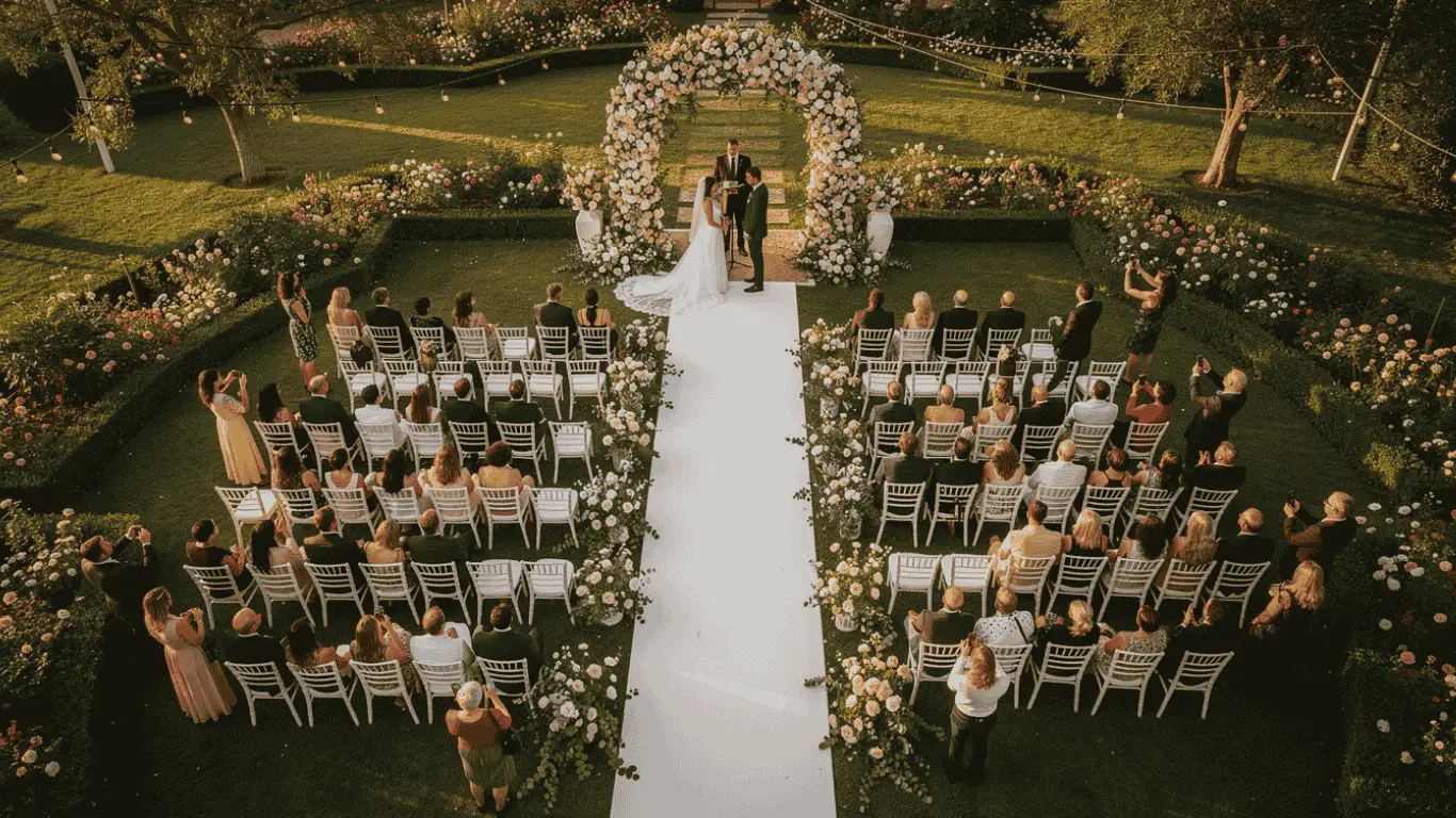 drone shot of a wedding ceremony