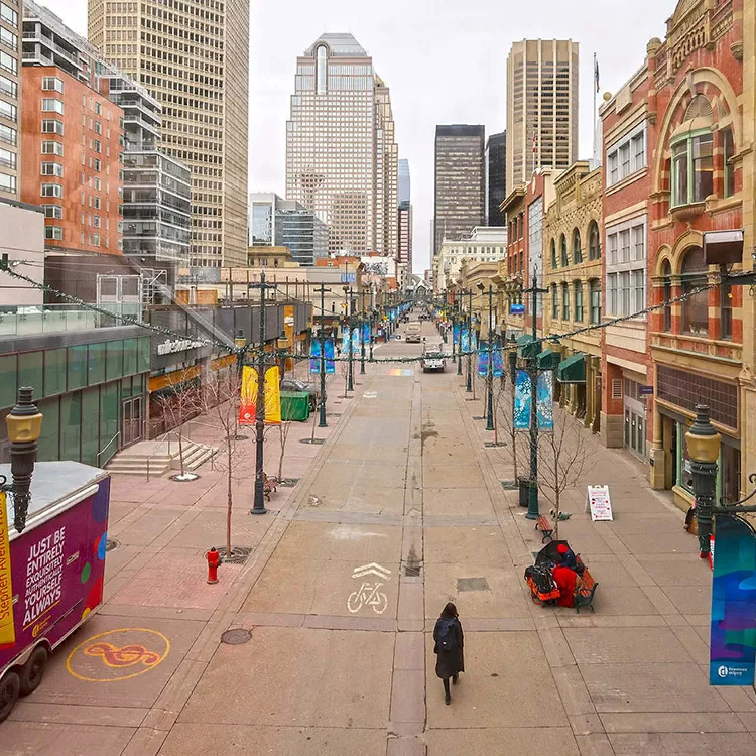 Stephen Avenue, showcasing sandstone architecture and the vibrant energy of downtown Calgary.