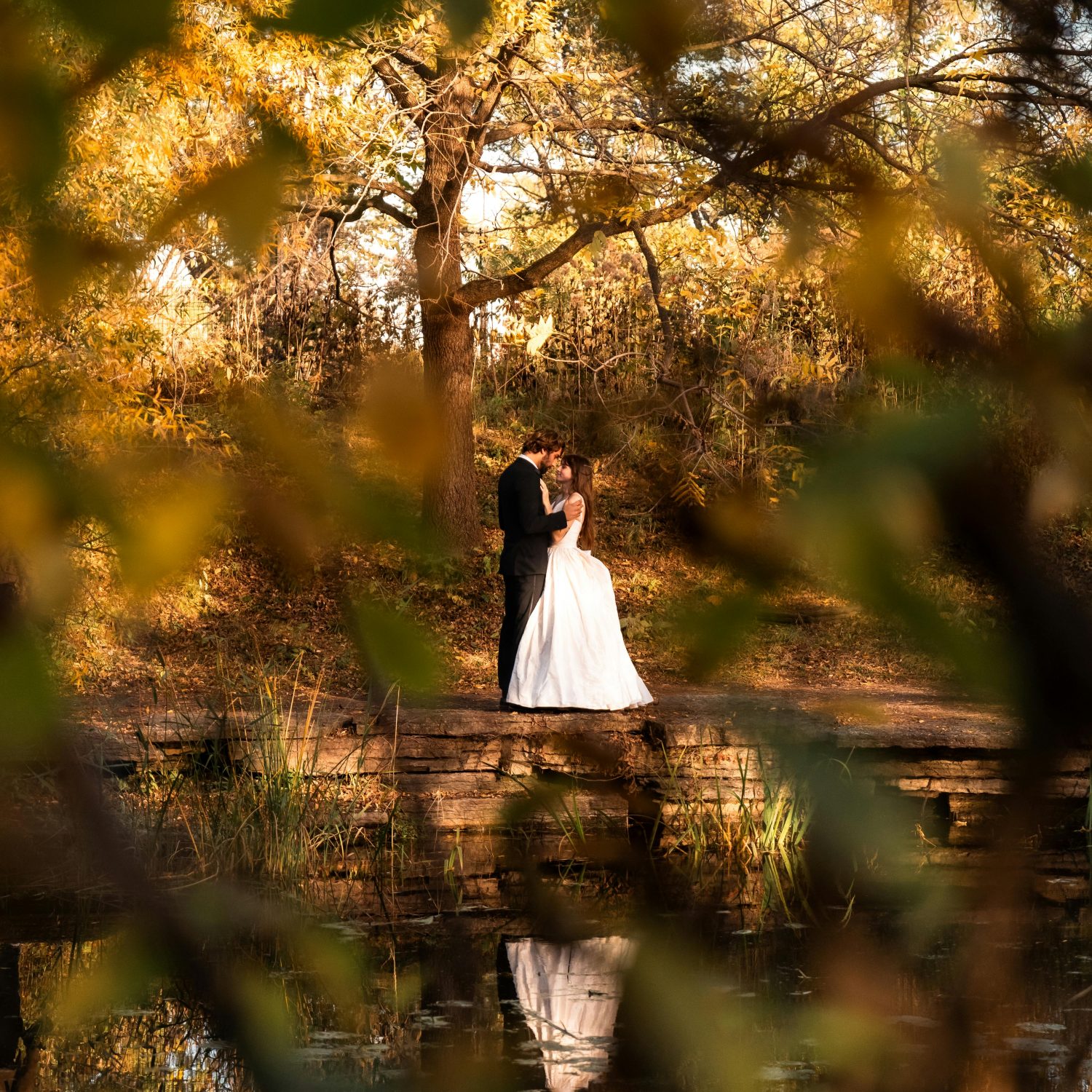 Intimate couple's portrait framed by mature cottonwood trees and natural riverbanks at the Inglewood Bird Sanctuary.